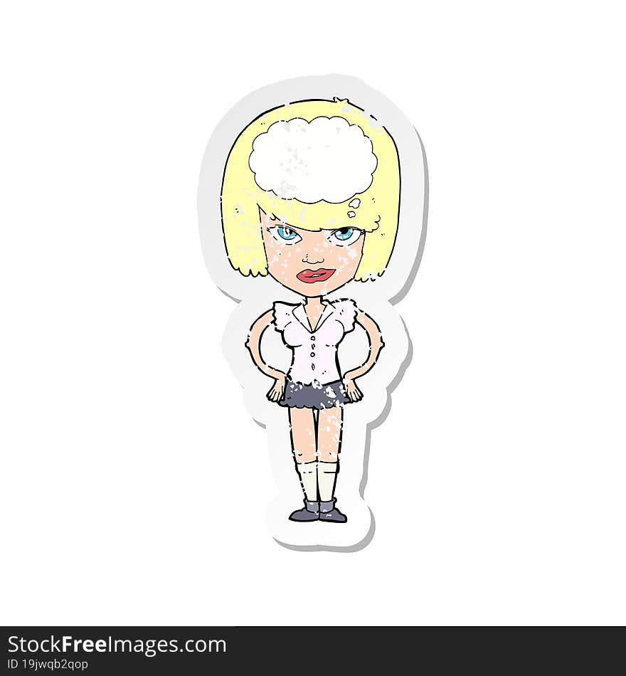 retro distressed sticker of a cartoon woman thinking