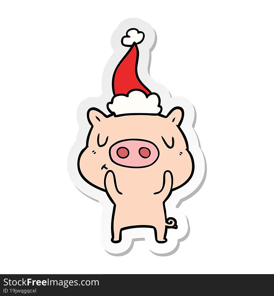 sticker cartoon of a content pig wearing santa hat