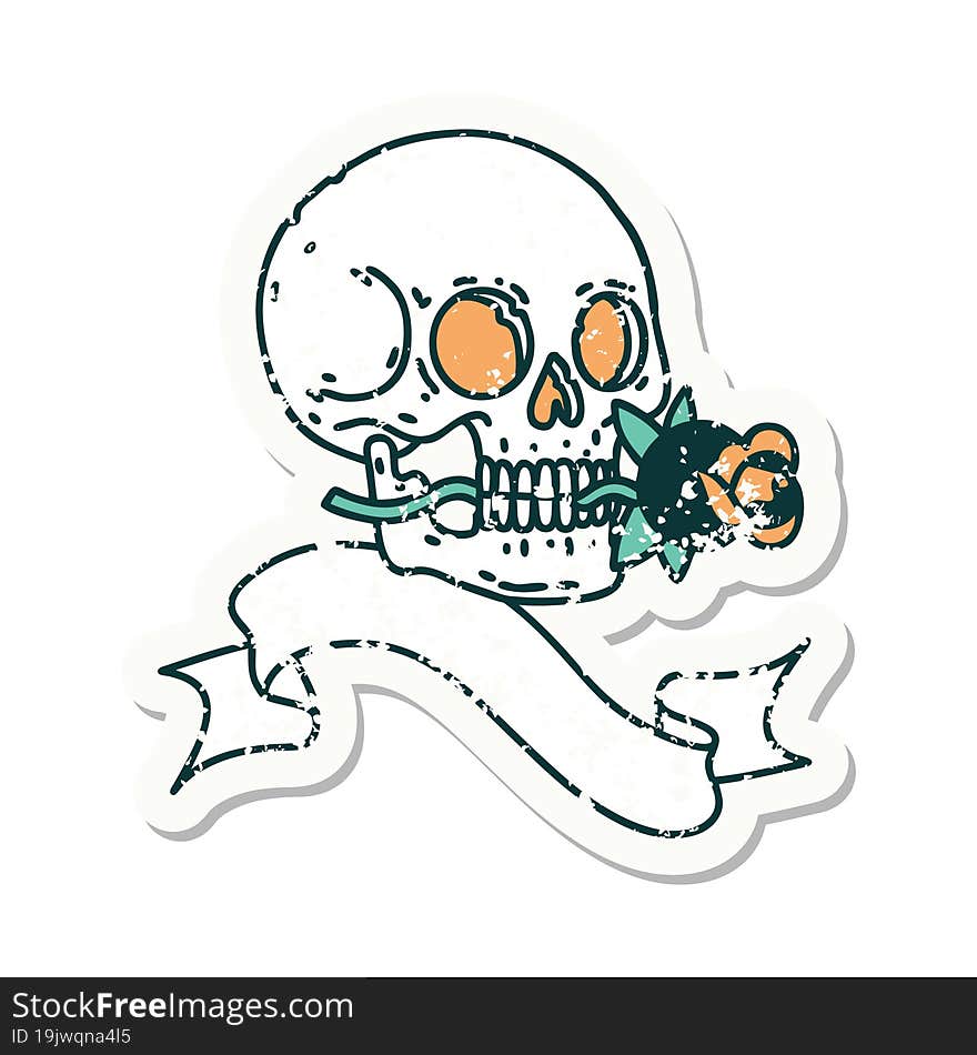 Grunge Sticker With Banner Of A Skull And Rose