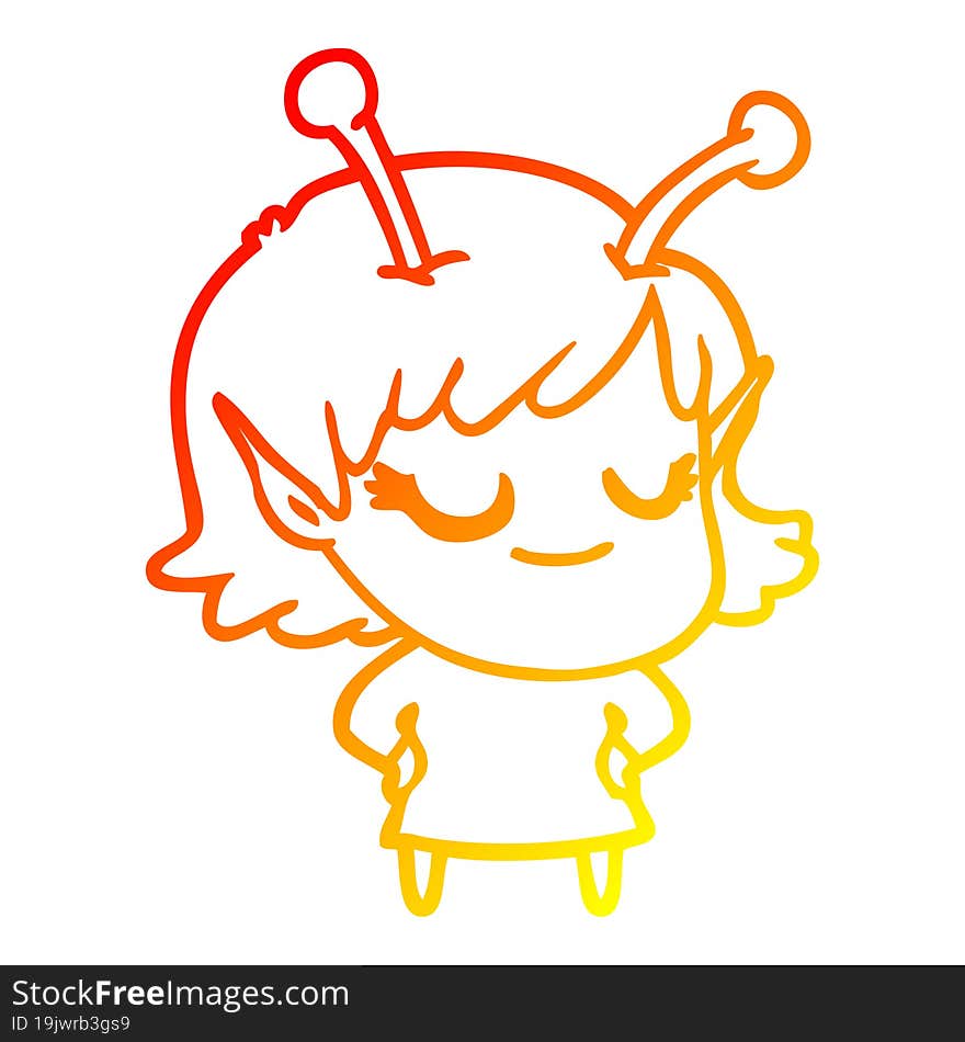 warm gradient line drawing smiling alien girl cartoon