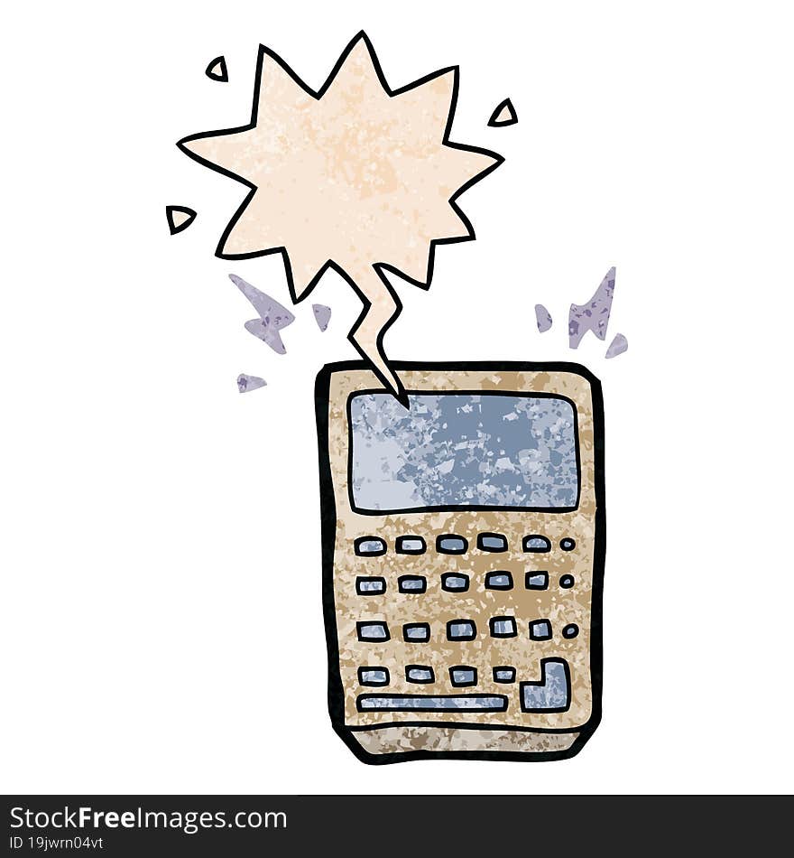 cartoon calculator with speech bubble in retro texture style