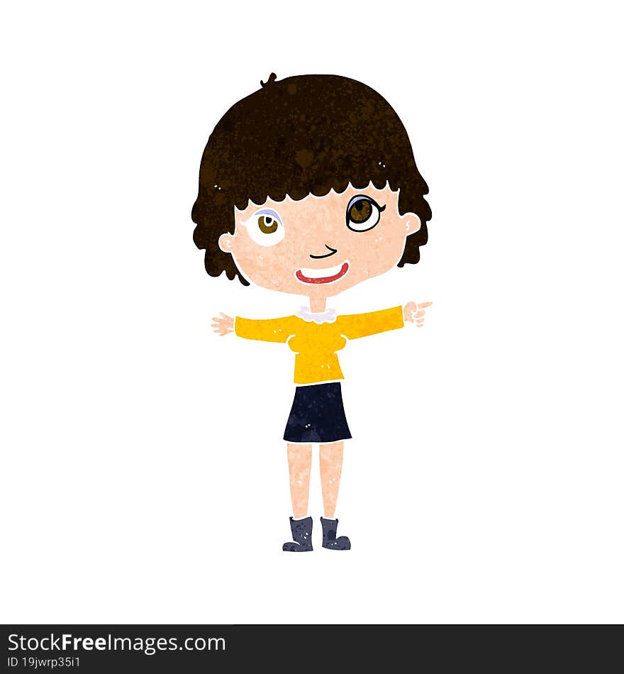 cartoon happy woman pointing