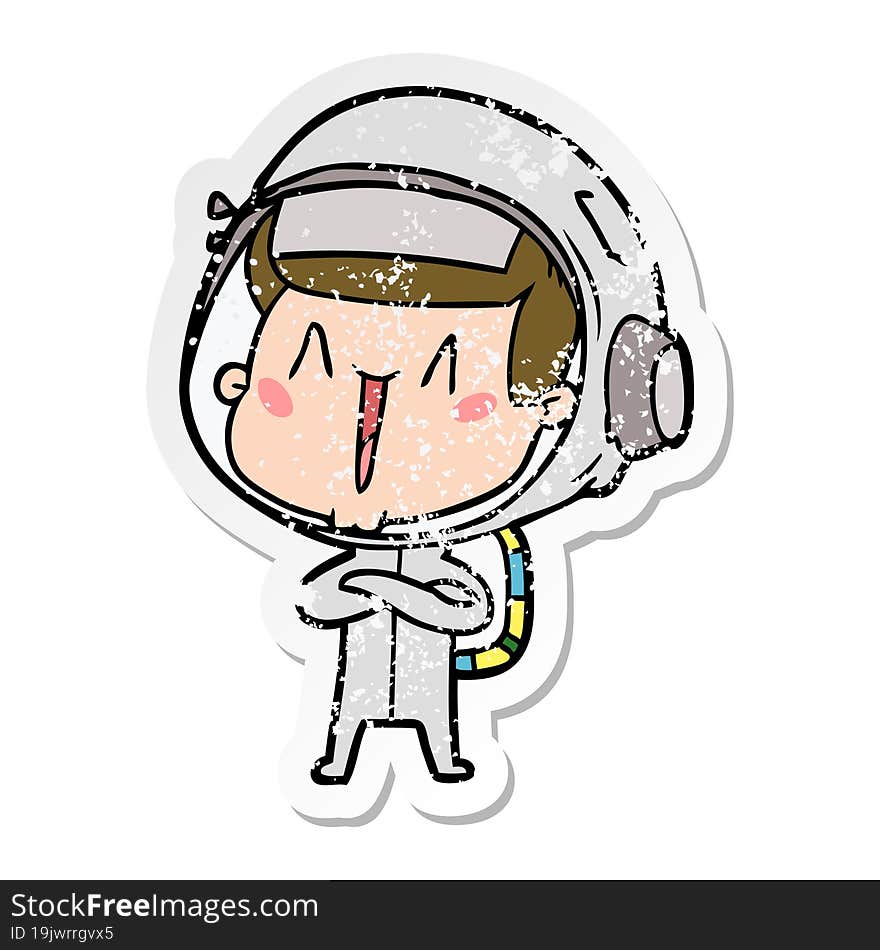 distressed sticker of a happy cartoon astronaut