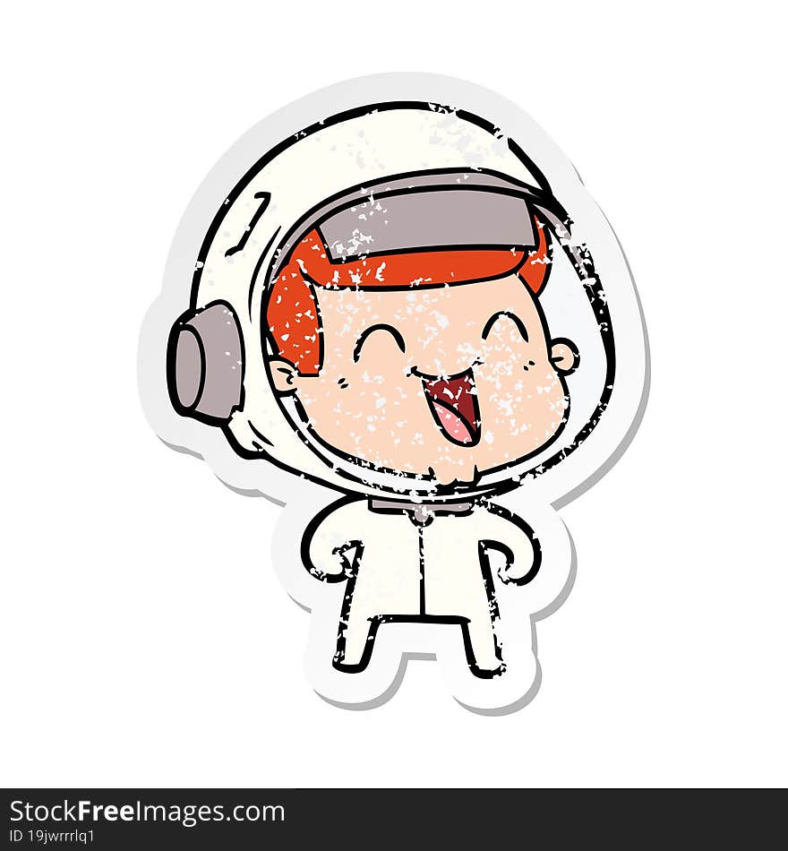 distressed sticker of a happy cartoon astronaut