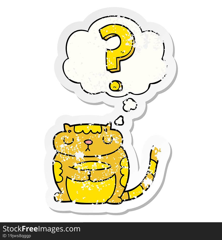 cartoon cat with question mark and thought bubble as a distressed worn sticker