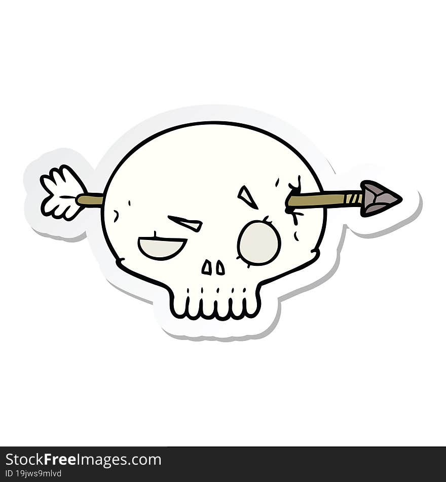 sticker of a cartoon skull with arrow