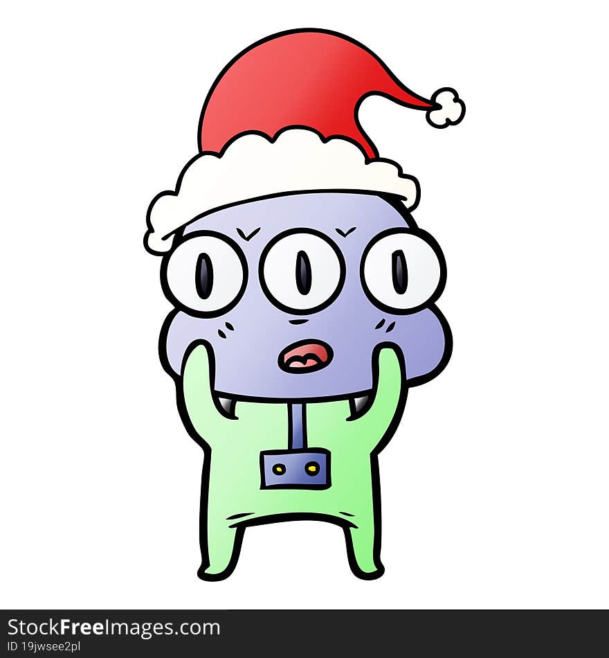 gradient cartoon of a three eyed alien wearing santa hat