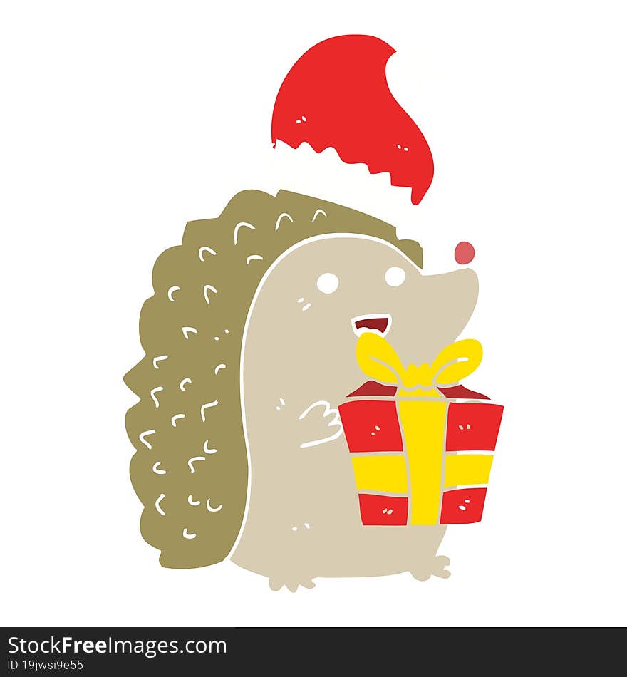 flat color style cartoon hedgehog wearing christmas hat