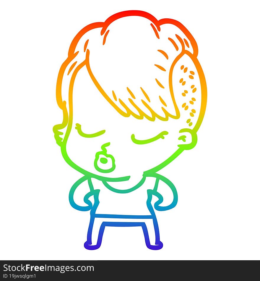 Rainbow Gradient Line Drawing Cartoon Pretty Hipster Girl