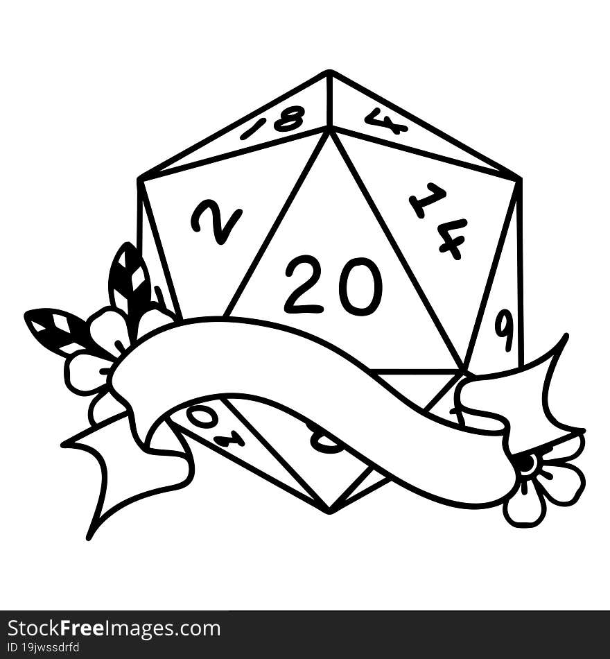 Black and White Tattoo linework Style natural twenty D20 dice roll. Black and White Tattoo linework Style natural twenty D20 dice roll