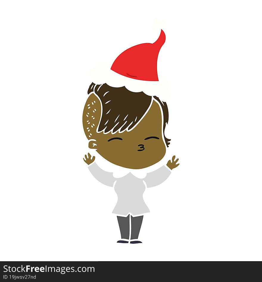 flat color illustration of a squinting girl wearing santa hat