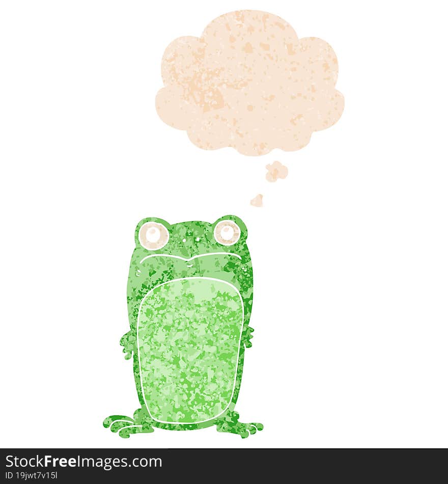 cartoon staring frog and thought bubble in retro textured style