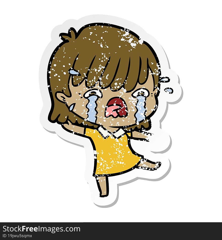 distressed sticker of a cartoon girl crying