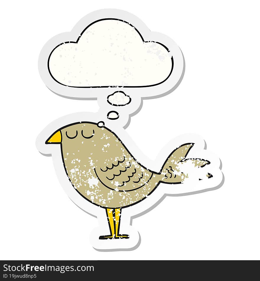 cartoon bird and thought bubble as a distressed worn sticker