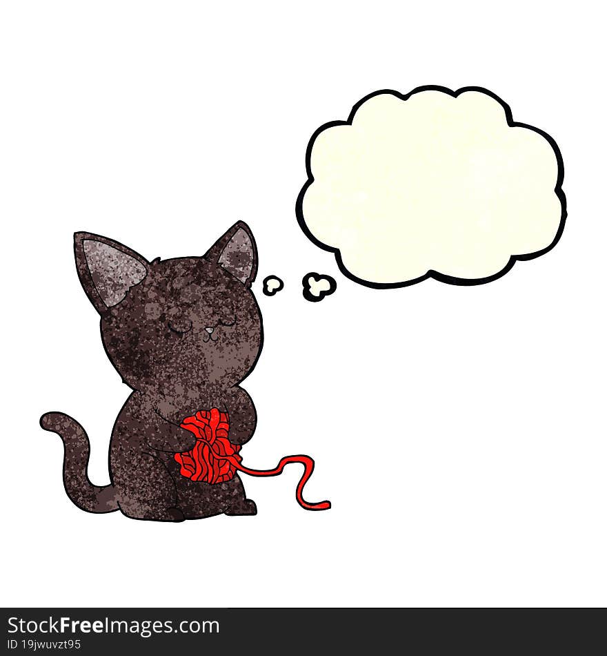 cartoon cute black cat playing with ball of yarn with thought bubble