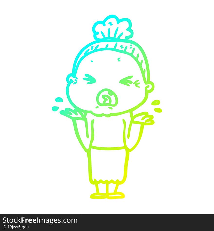 cold gradient line drawing cartoon angry old woman