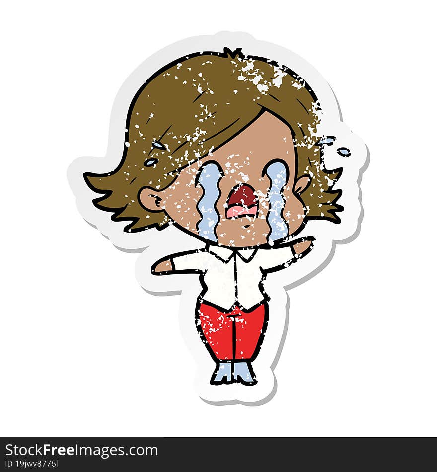 distressed sticker of a cartoon woman crying