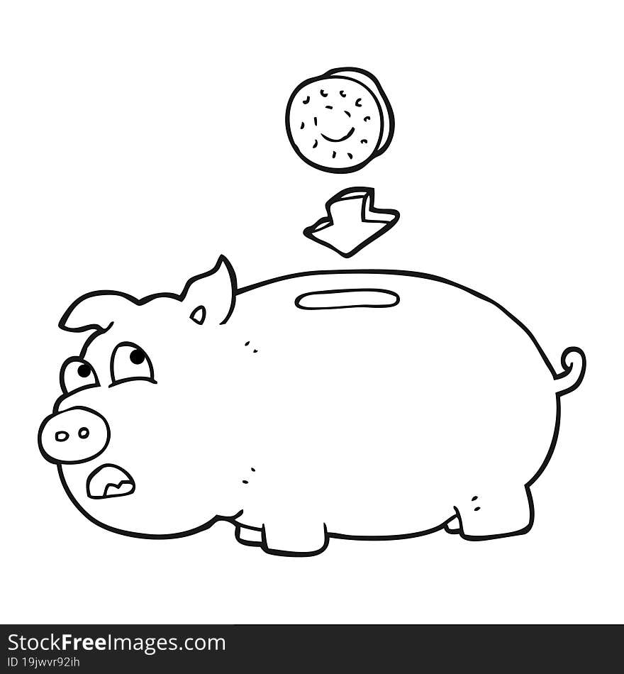 freehand drawn black and white cartoon piggy bank