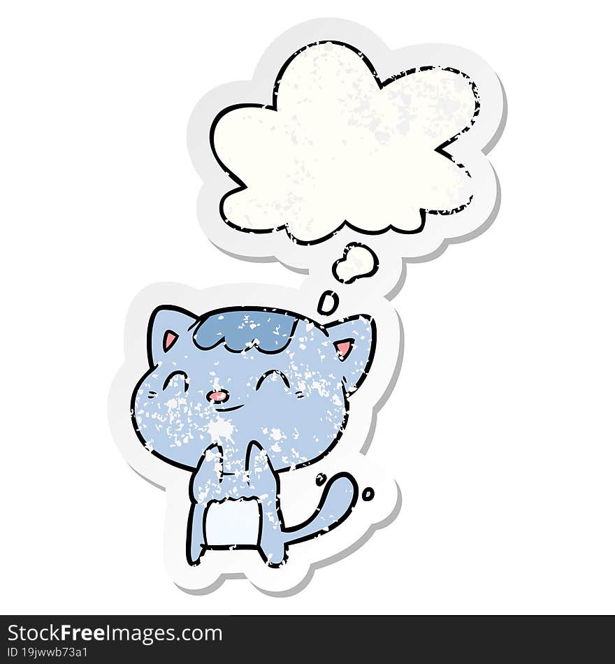 cartoon happy cat and thought bubble as a distressed worn sticker