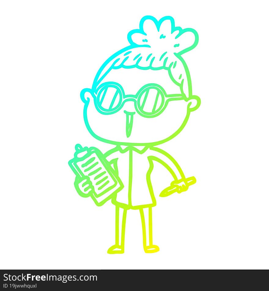 cold gradient line drawing of a cartoon woman wearing spectacles