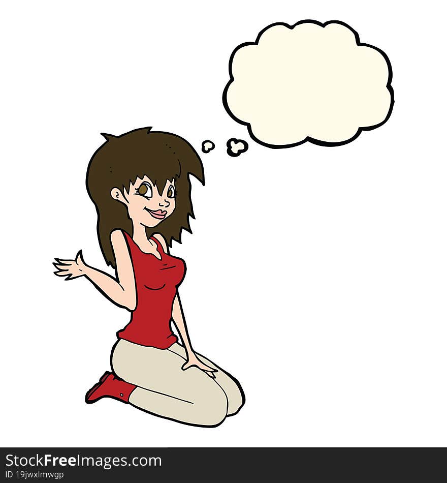 cartoon pretty girl waving with thought bubble