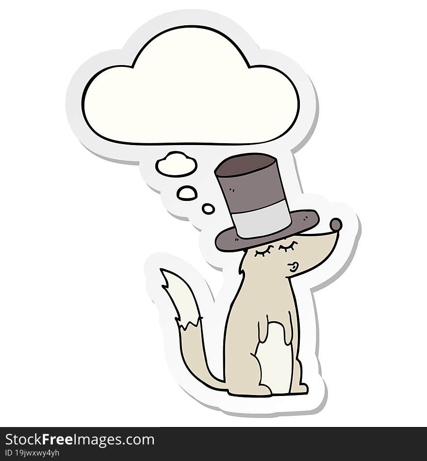 cartoon wolf whistling wearing top hat and thought bubble as a printed sticker