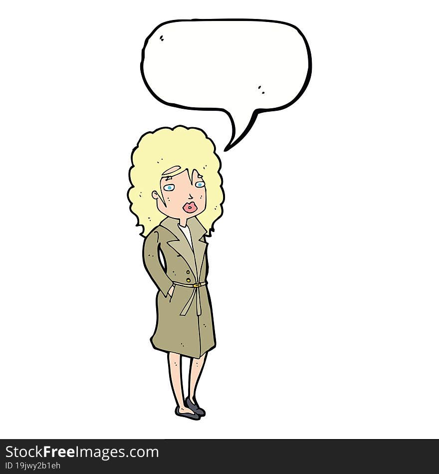 cartoon woman in trench coat with speech bubble