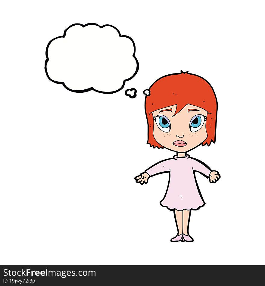 cartoon girl in dress with thought bubble