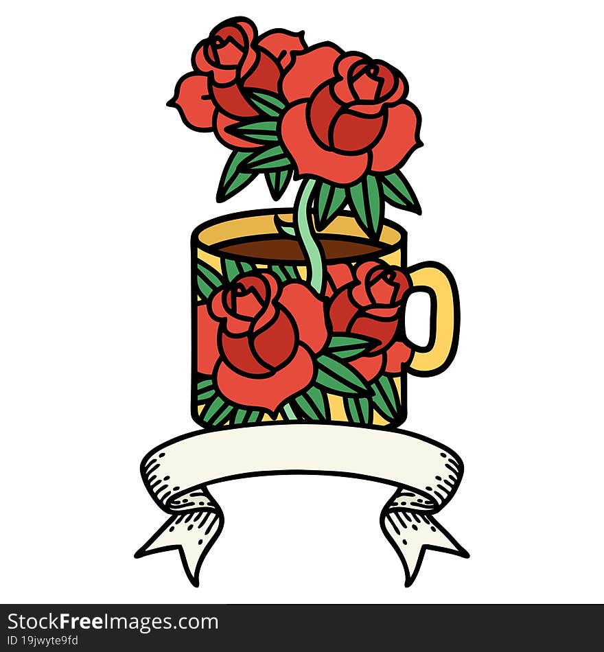 tattoo with banner of a cup and flowers