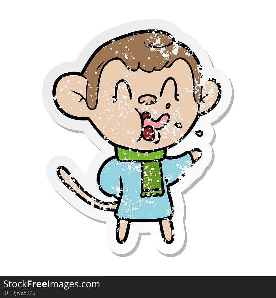 distressed sticker of a crazy cartoon monkey