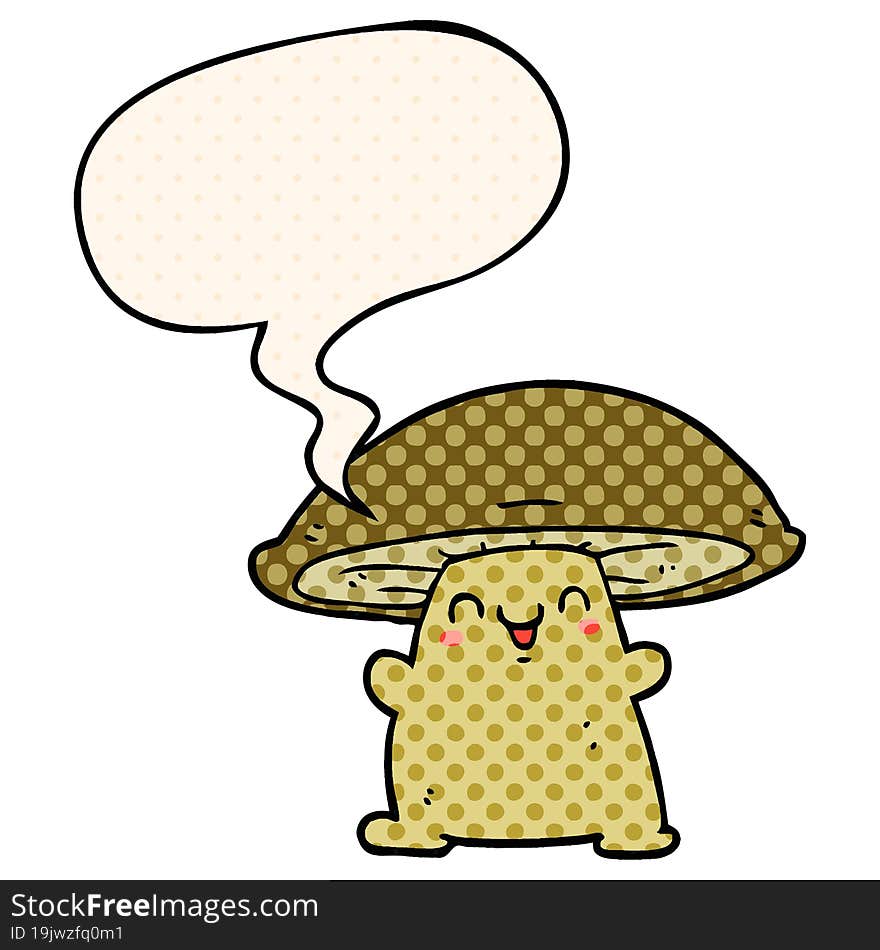 cartoon mushroom character with speech bubble in comic book style