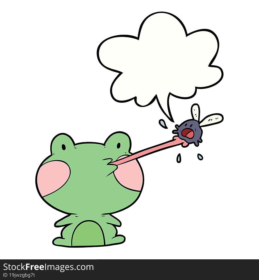 cute cartoon frog catching fly with tongue with speech bubble. cute cartoon frog catching fly with tongue with speech bubble