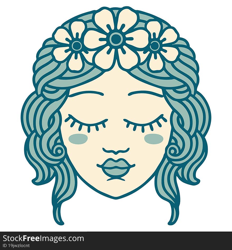 Tattoo Style Icon Of Female Face With Eyes Closed