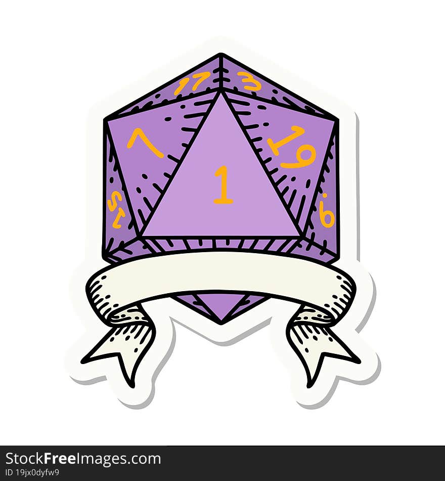 sticker of a natural one d20 dice roll. sticker of a natural one d20 dice roll