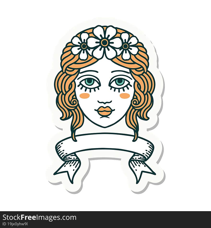 tattoo sticker with banner of female face with crown of flowers