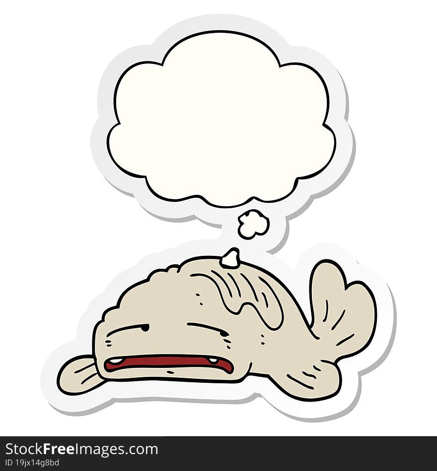 cartoon sad old fish with thought bubble as a printed sticker