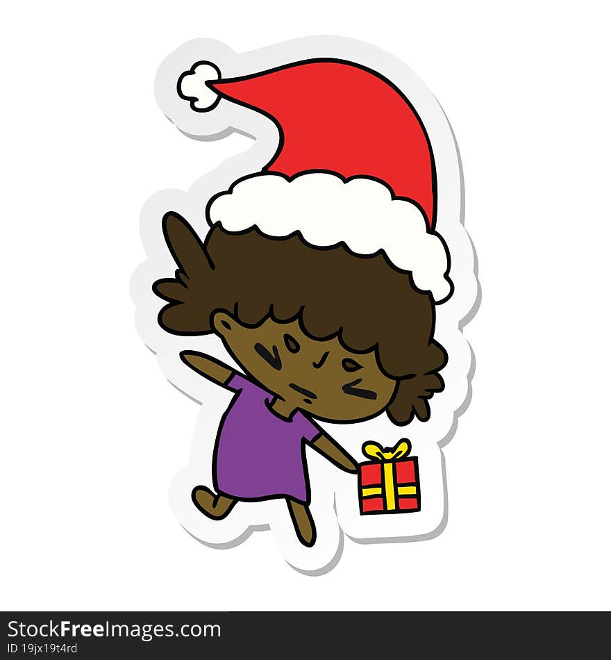 hand drawn christmas sticker cartoon of kawaii girl