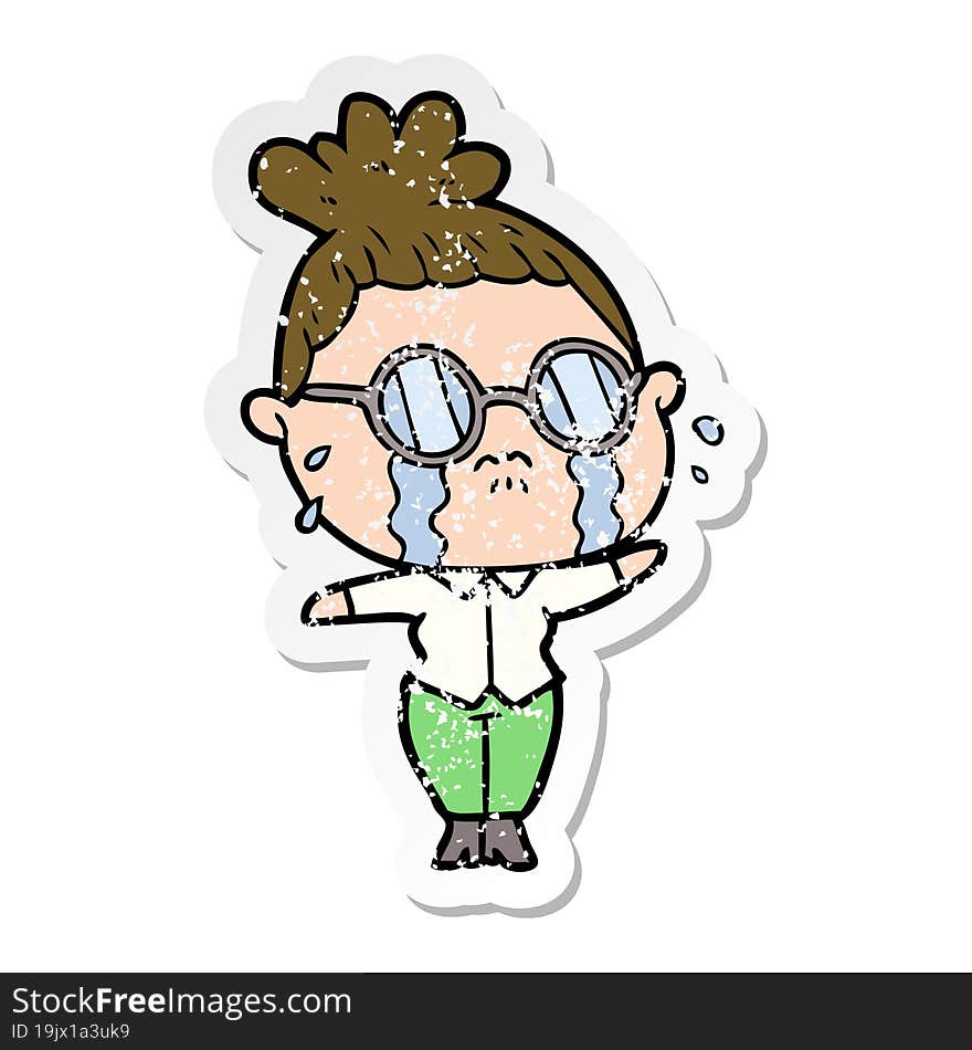 distressed sticker of a cartoon crying woman wearing spectacles