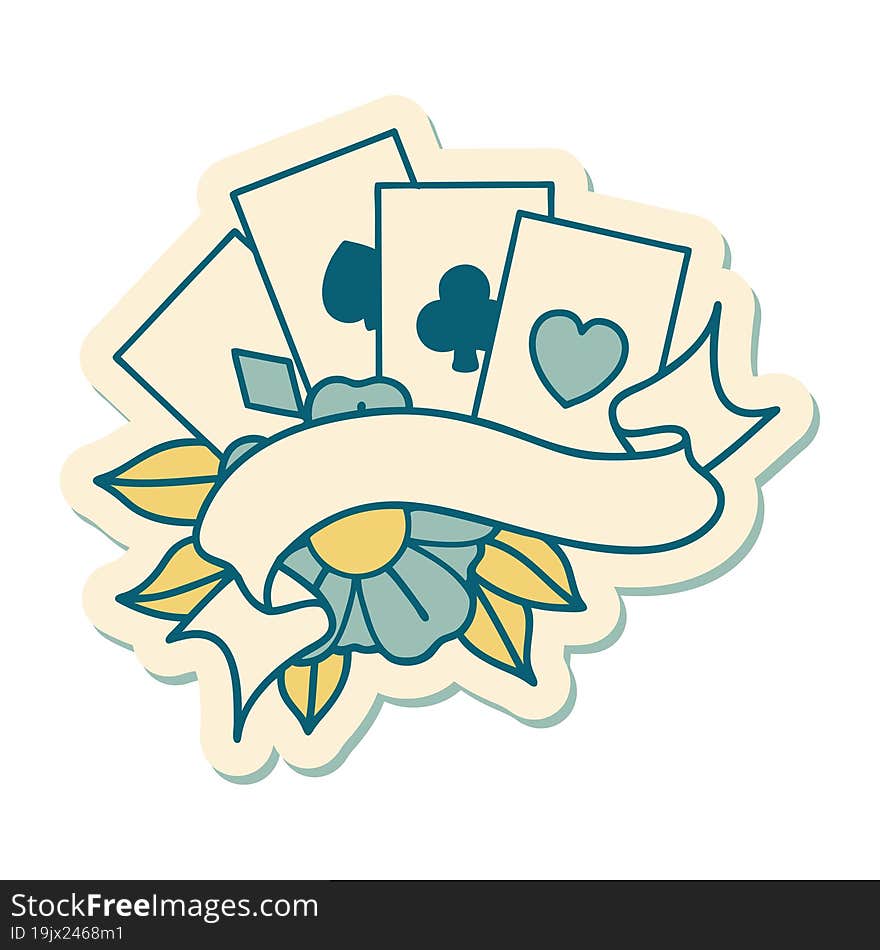 Tattoo Style Sticker Of Cards And Banner