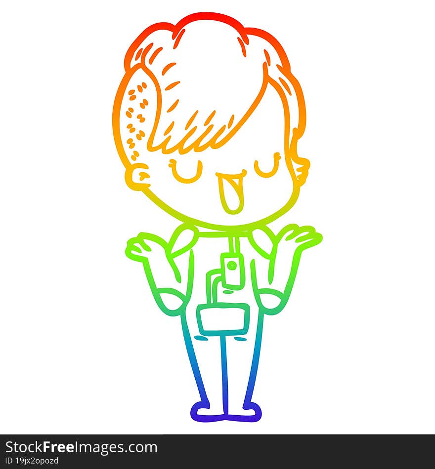 rainbow gradient line drawing of a cute cartoon girl with hipster haircut