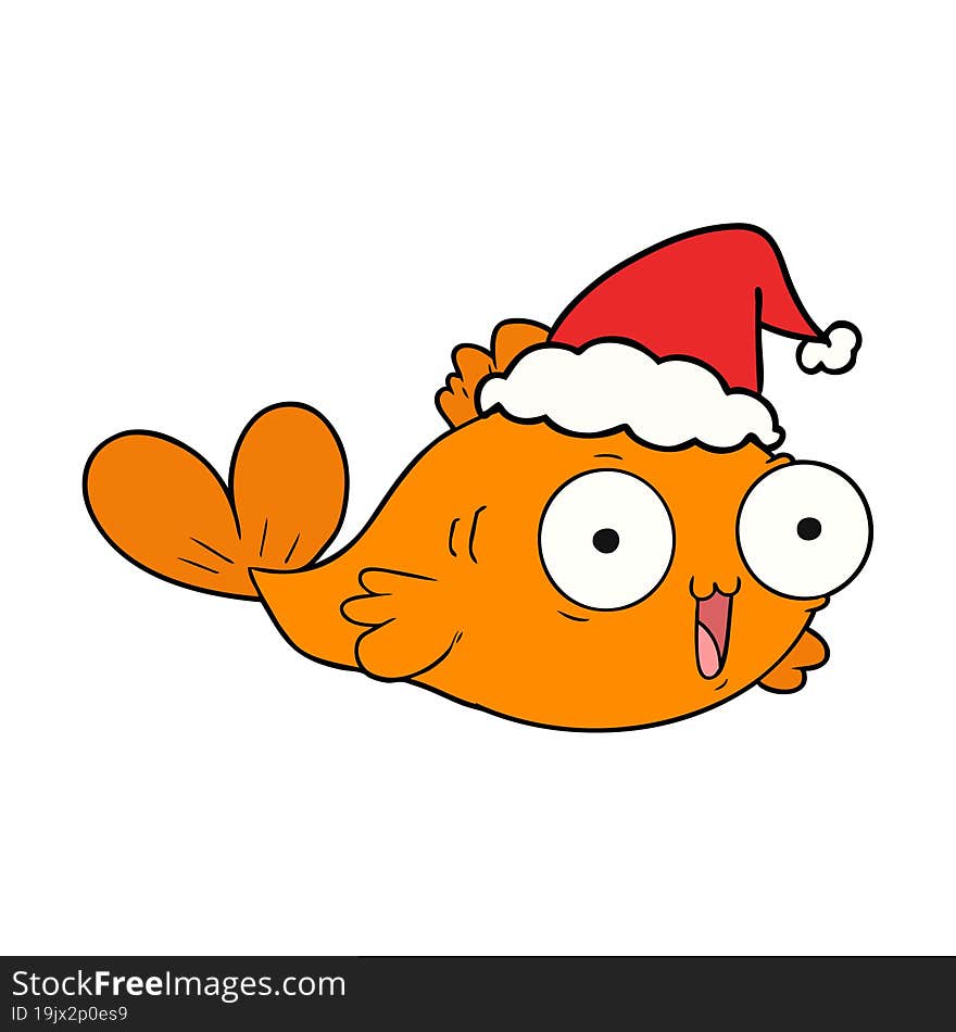 Happy Goldfish Line Drawing Of A Wearing Santa Hat