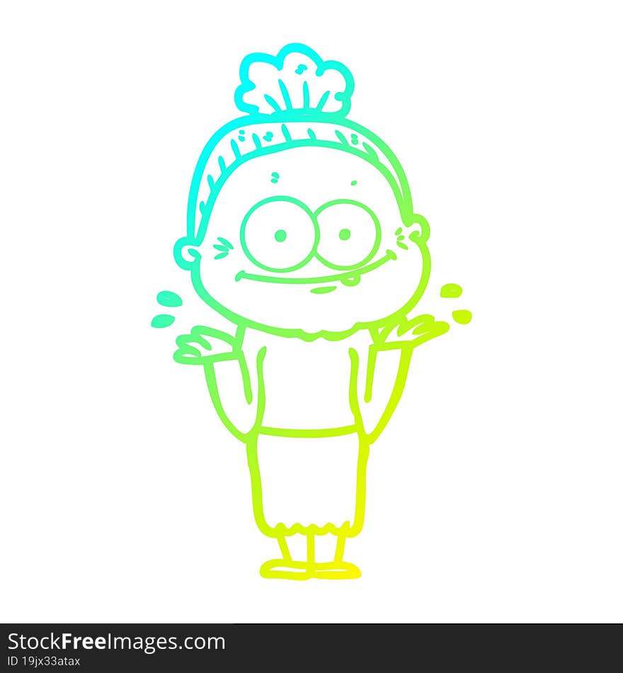 cold gradient line drawing of a cartoon happy old woman