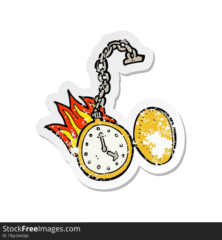 Retro Distressed Sticker Of A Cartoon Flaming Watch