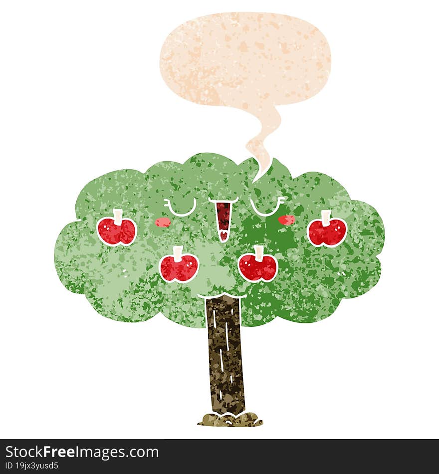 cartoon apple tree and speech bubble in retro textured style