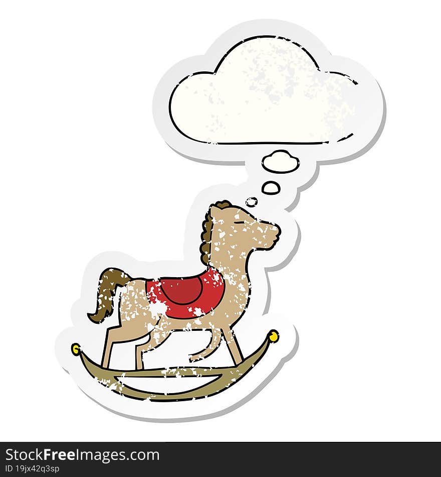 cartoon rocking horse and thought bubble as a distressed worn sticker