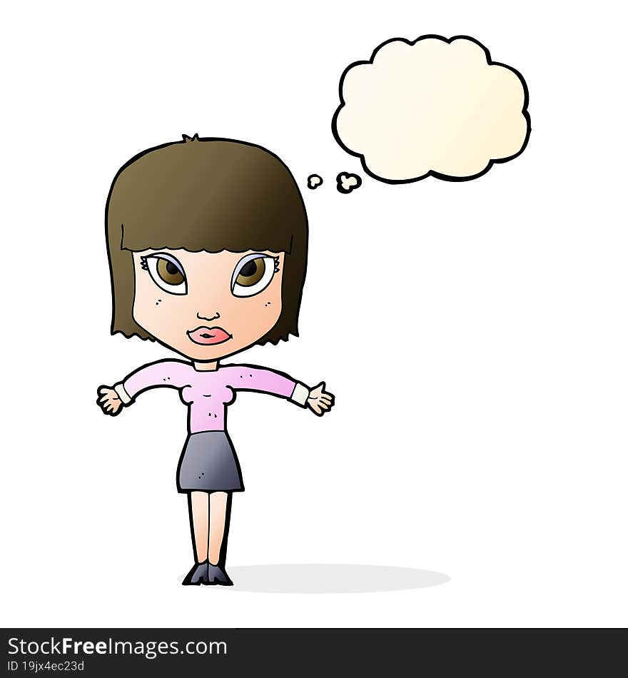 cartoon woman shrugging with thought bubble