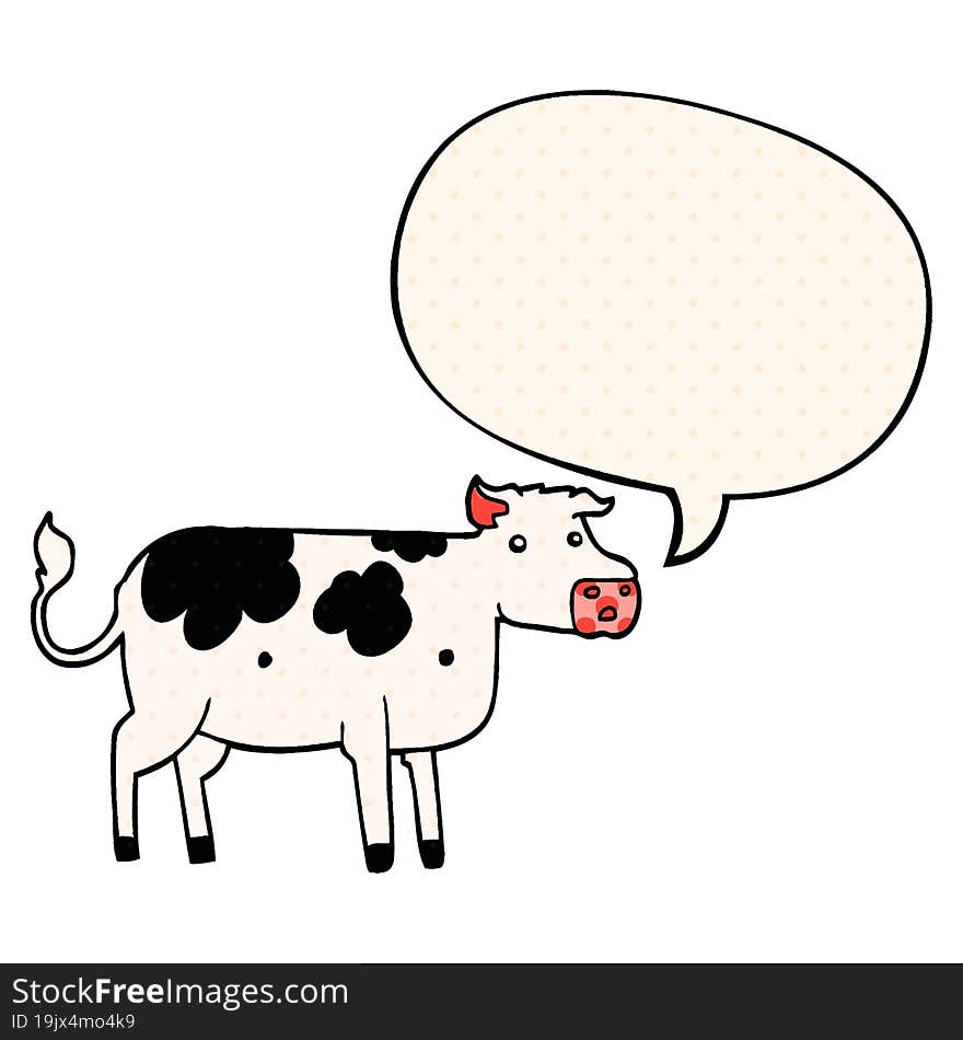 cartoon cow and speech bubble in comic book style