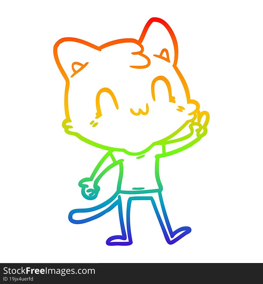 rainbow gradient line drawing of a cartoon happy cat giving peace sign