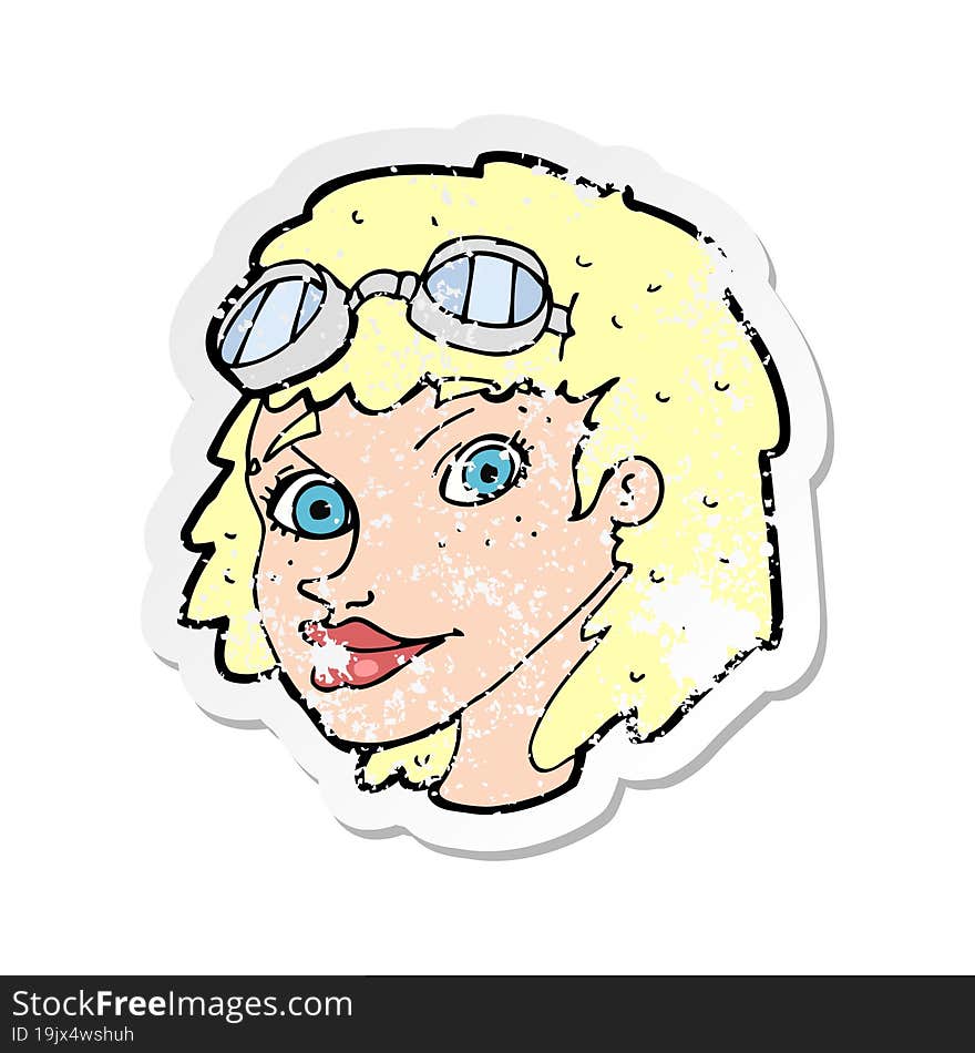 retro distressed sticker of a cartoon happy woman wearing aviator goggles