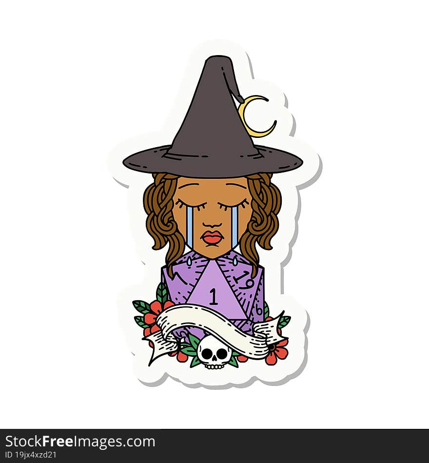 crying human witch with natural D20 roll sticker